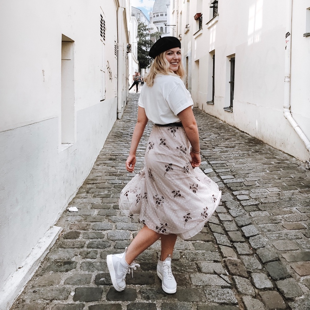 Flower Embroidered Blush Tulle Midi Skirt